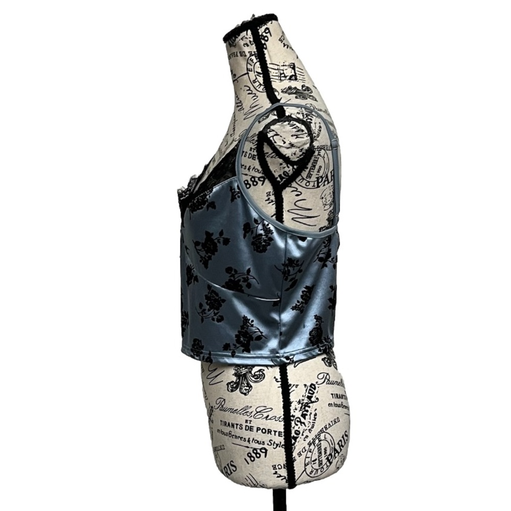 Cider Blue Lace Trim Cropped Camisole Top Velvet Floral Grunge Punk Moto XL - Picture 3 of 8